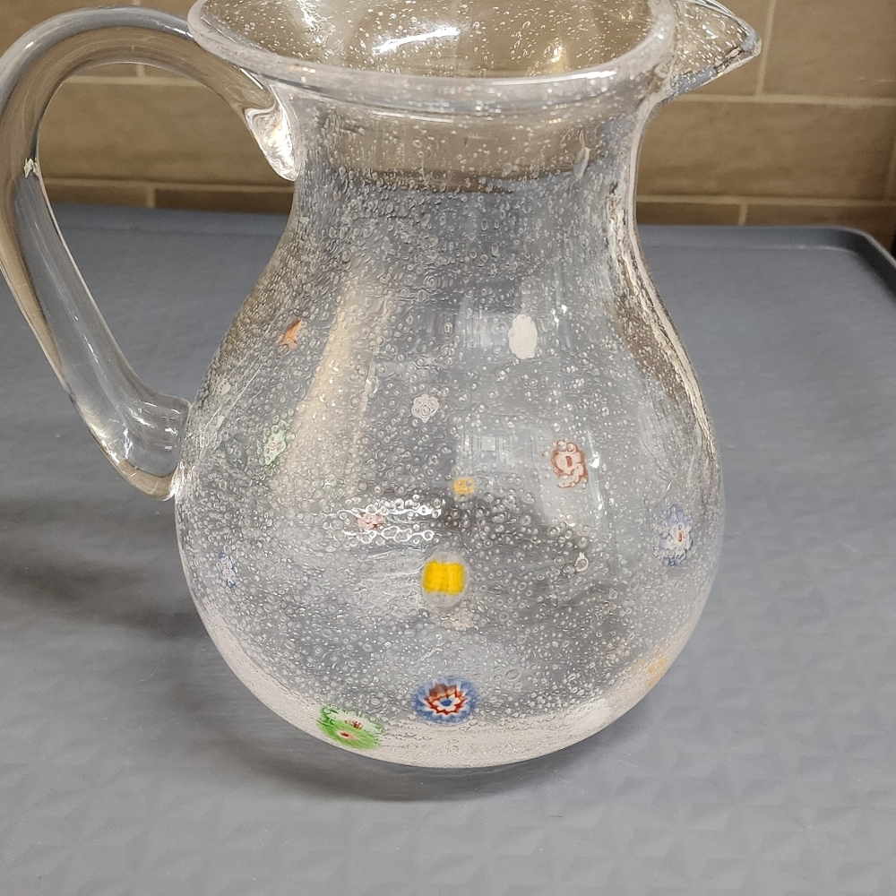 Hand blown clear bubble glass pitcher with flowers 9" beautiful flared top - Picture 10 of 11